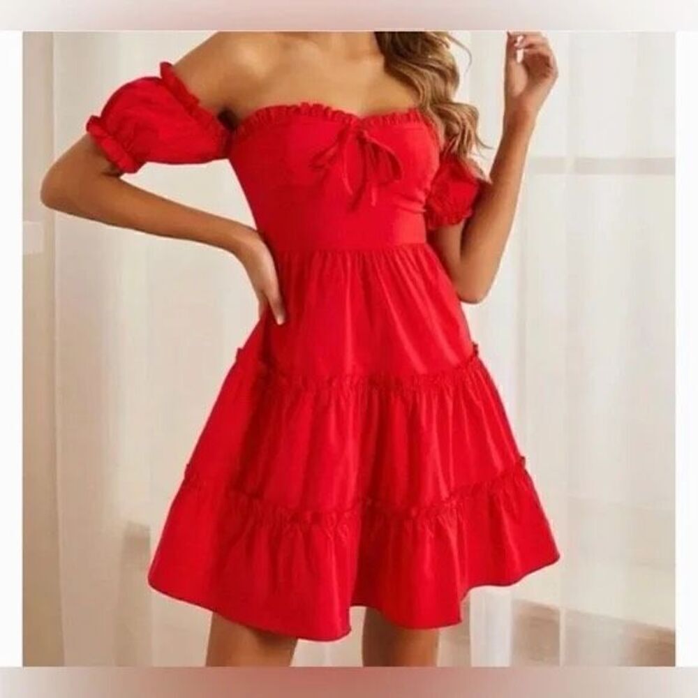 ✅SBetro read off the shoulder, puffy sleeves dress